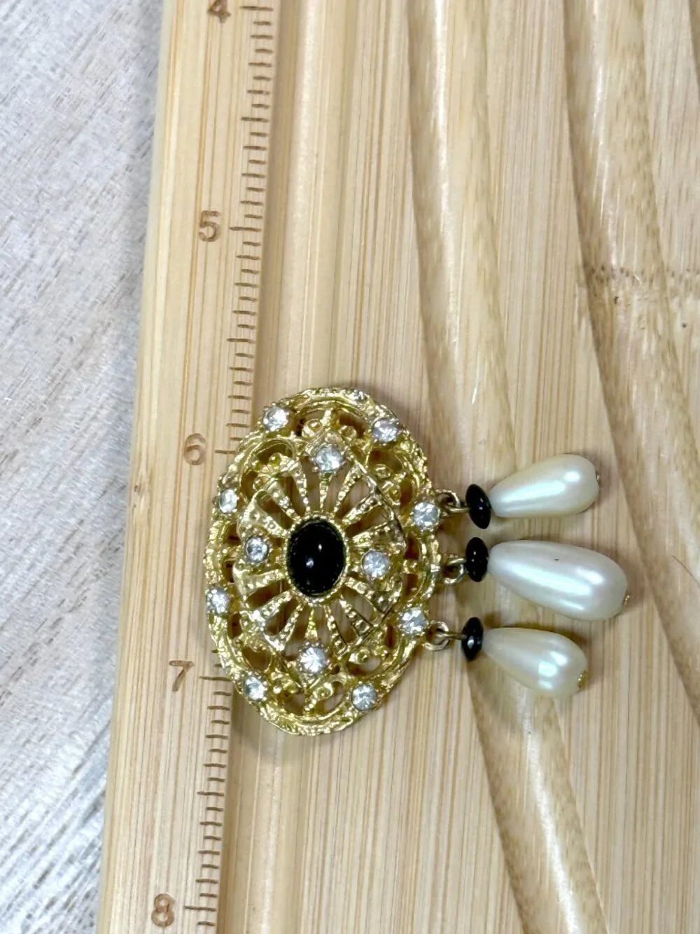 Vintage Gold Tone Filigree Brooch Faux Pearl Drops
